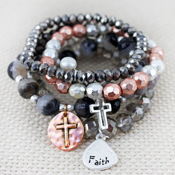 Jewelry - NWT Two-Tone "Faith" Teardrop & Beaded Bracelet